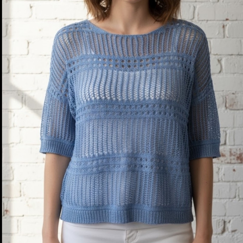 Crochet Knit‎ Top Womens Medium Blue Short Sleeve Open Weave Mesh Boho Dainty